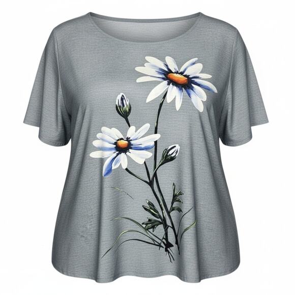 Unbranded Tops - Womens Floral T Shirt 3X Gray Daisy Print Casual Plus Size Top